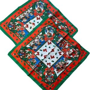 Vintage Christmas Bandanas Set of Two Red Green 90s Scarves